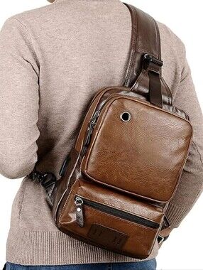 Classic Brown Leather Sling Bag for Men - Crossbody Chest Pack